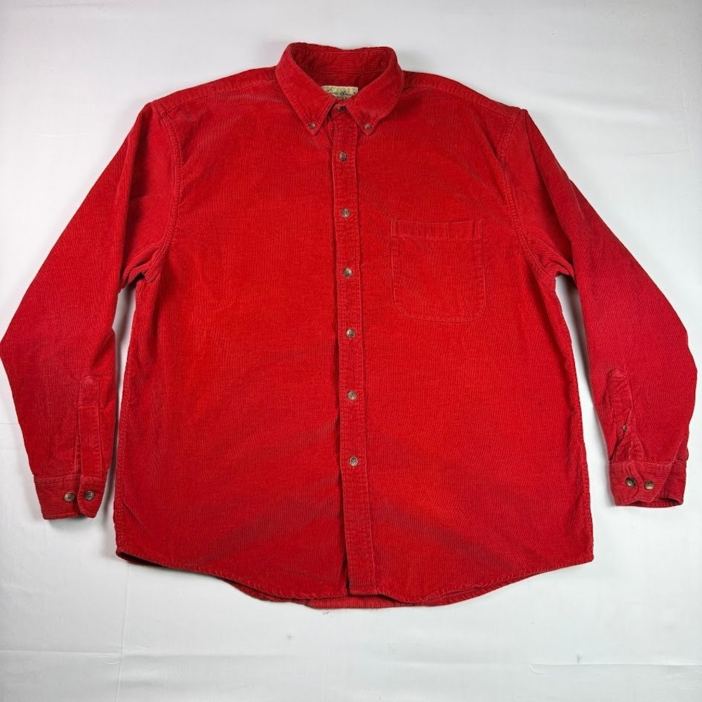Eddie Bauer Mens Large Red Corduroy Button Down Shirt Long Sleeve Cotton Regular